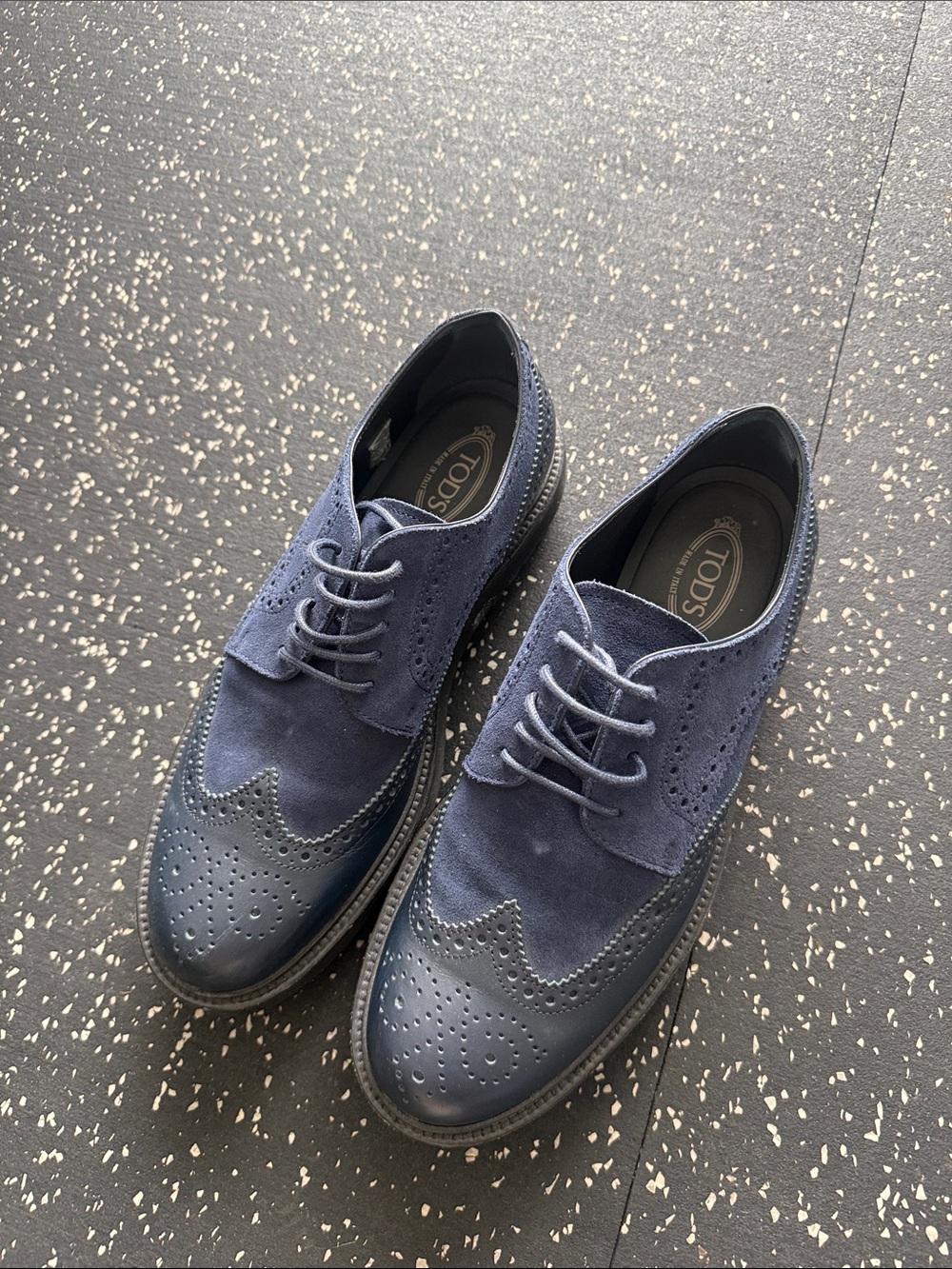 TOD'S Navy Suede and Leather Wingtip Derby Shoes